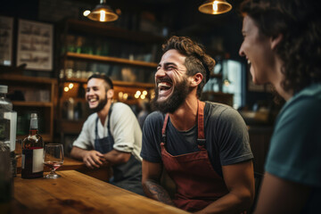 Poster - A candid moment of laughter during a cooking class, showcasing the shared enjoyment of learning and creating together. Concept of culinary connection. Generative Ai.