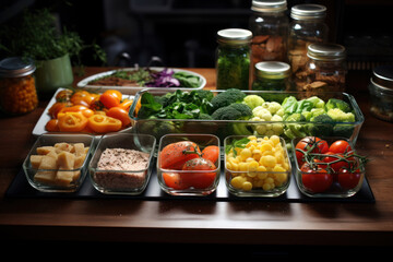 Poster - A well-organized meal prep session in the kitchen, highlighting the habit of planning and preparing nutritious meals in advance. Concept of mindful eating. Generative Ai.