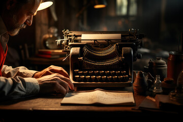 Poster - A dedicated writer at a typewriter, capturing the essence of the daily writing habit as a means of creative expression. Concept of daily literary creation. Generative Ai.