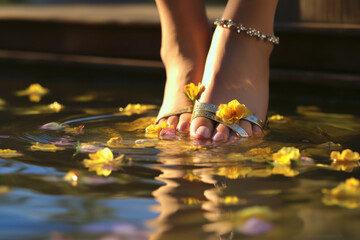 Canvas Print - A person enjoying a soothing foot bath with aromatic oils, experiencing relaxation and rejuvenation after a long day. Concept of foot spa serenity. Generative Ai.