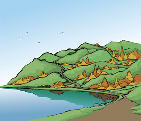 Poster - Vector image. Summer landscape with a river flowing among the hills