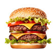 Tasty double beef burger isolated on transparent white background. Big fresh juicy cheeseburger fastfood with beef patty, tomatoes, cheese, cheddar, lettuce, ketchup for menu 