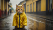 Wet stray sad kitten on a street on a rain. Ai Generative