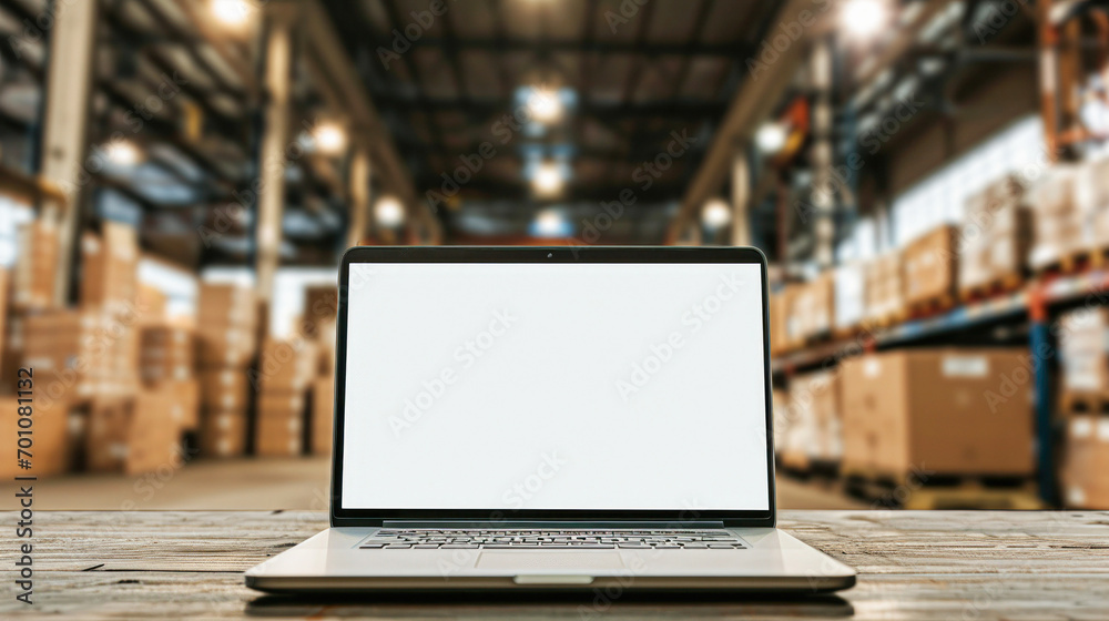 Laptop with white blank screen on brown wooden desk and blurred ...
