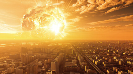 Wall Mural - Nuclear explosion in a city, third world war concept