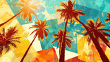 Fototapeta  - Tropical Mosaic, Coconut Palms under Blue Sky