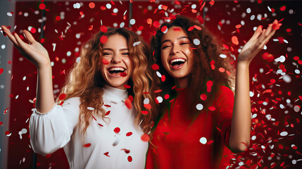 Party two young women celebrate party with confetti, a New year, Birthday party