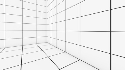 Poster - A grid of lines in an empty, white room serves as a visual cue. ,a space with a distance-measuring grid , a grid view,3d rendering