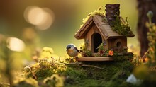 A Robin Perched On A Wooden Birdhouse In The Forest.
