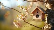 Wooden birdhouse on a branch of a blossoming tree