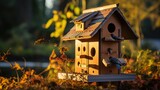 Fototapeta Krajobraz - Wooden birdhouse in the autumn park