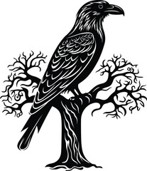 Odin's Celtic Raven on a tree black and white vector illustration