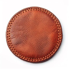 Round brown leather patch with seam isolated on white background. To insert company logo.