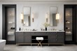 Sleek modern classic minimalist bathroom with a double vanity, integrated storage, and a sophisticated color palette