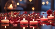 Softly Lit Candles Casting Heart-shaped Reflections On A Polished Surface In A Cozy Valentine's Setting -Generative Ai