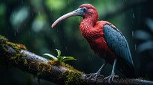 Scarlet Ibis (Geronticus Eremita) In Rain