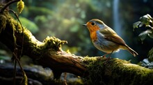 The European Robin (Erithacus Rubecula) Perched On A Mossy Branch