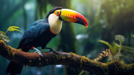 Wall Mural - Toucan bird on a branch in the rainforest, nature background