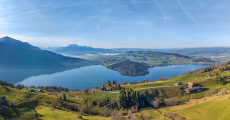 aerial view of the lake of zug in central switzerland with the famous alpen peaks rigi and pilatus a