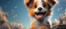 3d Cartoon Happy Puppy Indoor With Sky Blue Background