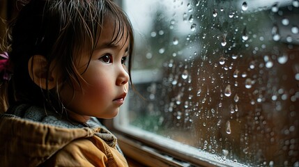 Poster - a little girl looking out a raindrop window, looking sad  