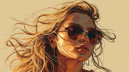 Poster - a woman with long hair, wearing dark sunglasses, line drawing, minimalist 