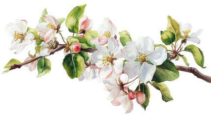 watercolor illustration of blooming apple tree branch, isolated on clean white background