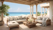 A Veranda Oasis With A Stylish Outdoor Sectional, Decorative Lanterns, And A View Of The Calm Ocean Waves