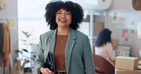 Poster - Business, office and woman with a tablet, face and internet with connection, agency and research with productivity. Portrait, employee or consultant with technology, app or company website with smile