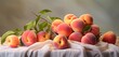 A delightful arrangement of freestone peaches, clingstone peaches, and nectarines on a pastel sky grey cloth