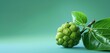 A fresh noni fruit, side-angle, realistic in Agfa Vista 400 style, against a light green backdrop, with diffused and soft light.