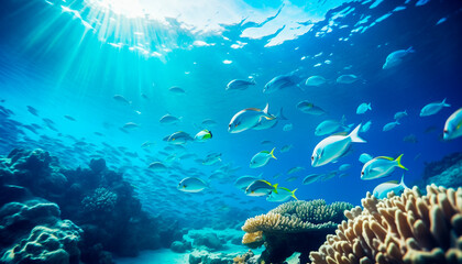 Underwater world, fish swimming in blue water