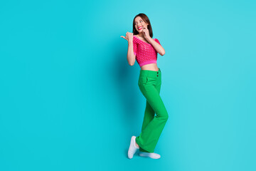 Wall Mural - Photo of promoter girl demonstrate empty space bargain sale discount promo isolated over blue color background