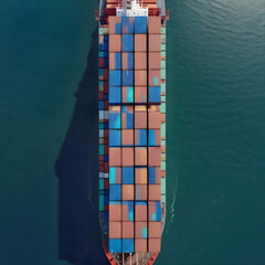 Wall Mural - Aerial top view container ship full load container for logistics import export, shipping or transportation shipyard at sunrise, logistic import export and transport industry background