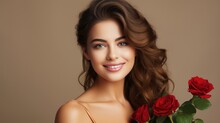 Beautiful Healthy Woman Model With Red Rose On Valentine's Day