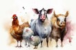 Watercolor illustration of farm animals including pig, cow, chicken, duck, and donkey. Generative AI