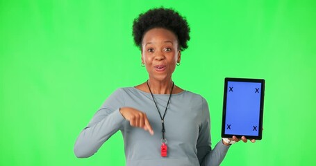 Sticker - Tablet, green screen and woman face with hand pointing in studio for fitness, sign up for membership on mockup background. Space, portrait and African female sports coach show contact, info or promo