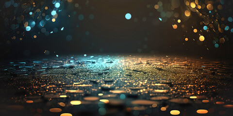 Creative sparkling dance floor stage, empty podium, blue golden background with, glittering confetti and bokeh