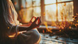 Meditative pose captured in the golden hour light, emphasizing relaxation and inner peace. The image reflects the calmness and tranquility of a personal wellness ritual.
