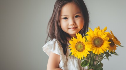 Smiling asian girl in white dress holding a bouquet of sunflowers posing in front of white background with copy space, concept of rural, still life, live well lifestyle.