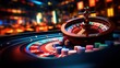 Roulette wheel glimmers amidst  bustling casino floor.