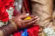 Female hands with henna design holding a yellow flower. Indian Wedding Ceremony. Bride holding a yellow flower.