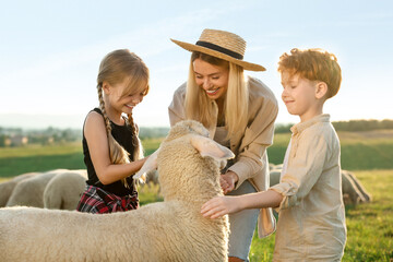 Poster - Mother and children with sheep on pasture. Farm animals