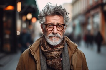 Portrait of a senior man with grey hair and glasses in the city.