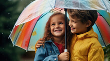 Happy Kids Playing Outdoor In Raining Spring Park. Children Under Umbrella Under Rain.