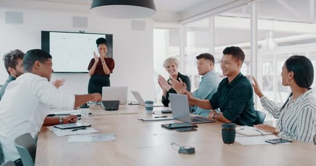 Poster - Success, fist bump and meeting with business people in office for strategy, winner and workshop. Support, project management and teamwork with employees and applause in boardroom for deal and idea