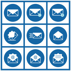 Poster - Email icons set on blue background. Vector illustration. Collection of mail and messaging icons. Design elements for several message icons like mobile apps, websites or UI