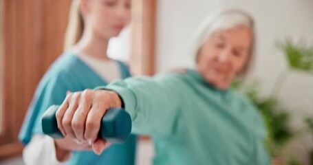 Sticker - Physical therapy, nurse or senior woman with dumbbell, stretching or healthcare with rehabilitation. Mature person, patient or elderly lady with caregiver, talking or physiotherapist with wellness