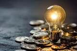 Fototapeta  - Bright ideas for financial success. Light bulb and coin concept. Innovation and growth. Glowing lightbulb illuminating success. Economic brilliance. Stack of coins under conceptual