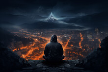 Man In Black Hooded Hat Sitting On A Rock And Looking. Ai Generative